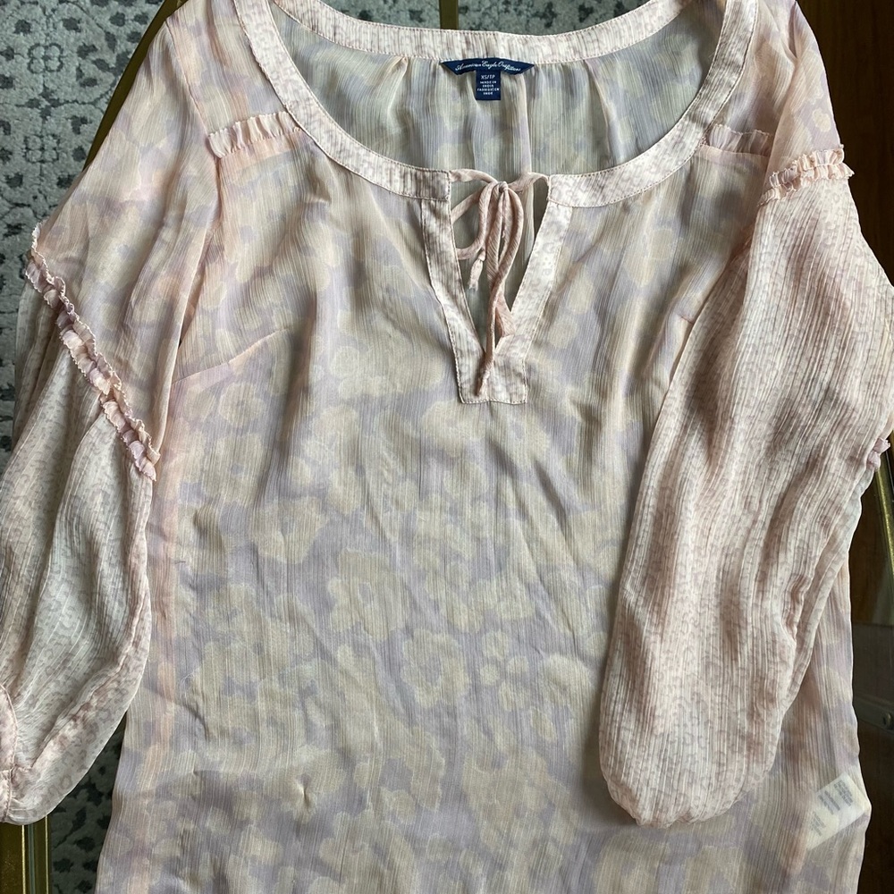 American Eagle Sheer Print Blouse with Animal Print detail and tie bow in front
